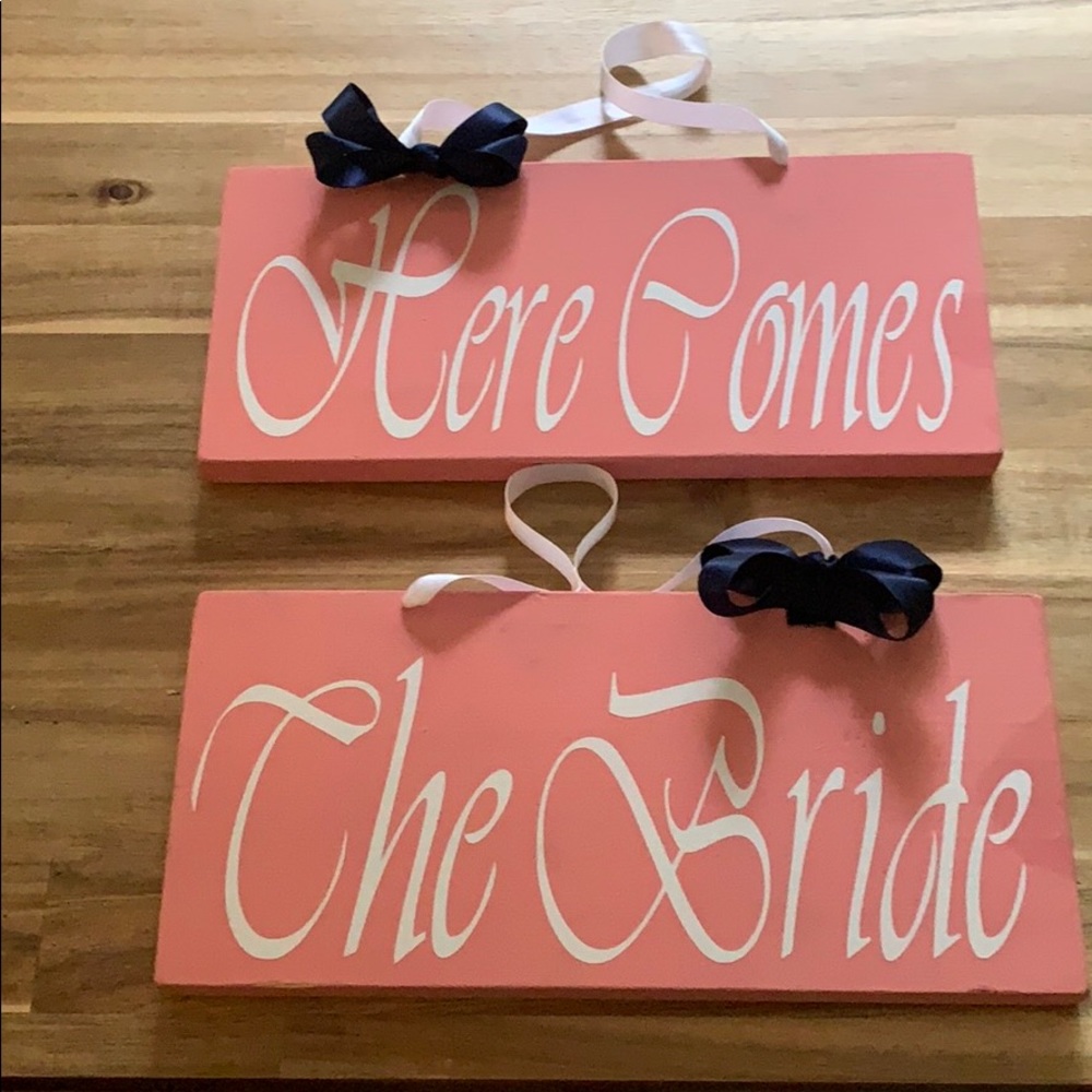 Here Comes The Bride wood signs coral navy white